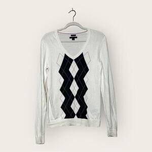 EUC | Tommy Hilfiger | Pullover V-Neck Sweater | Ivory/Blue | Medium